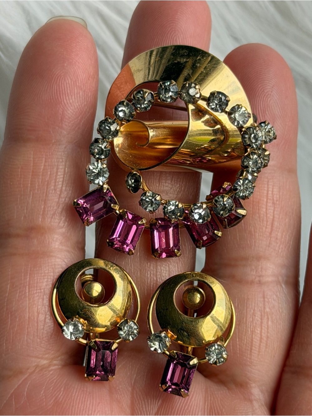 Vintage CM 1/20-12KT Gold-filled Pink Clear Crystals Earrings/Pendant-Brooch Set